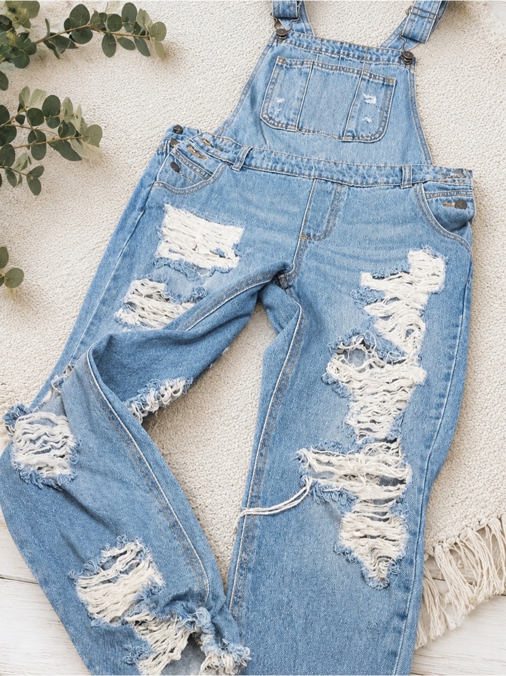 Cello Light Blue Distressed Denim Overalls for Women